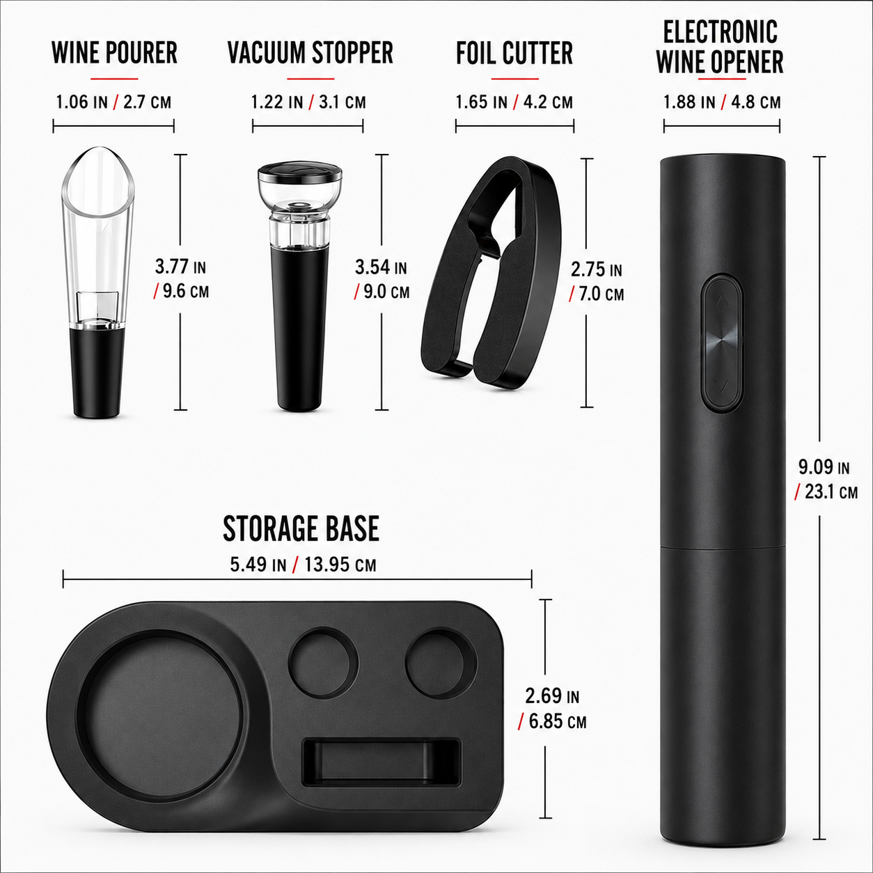 5-in-1 Electric Wine Set with Opener, Pourer, Vacuum Stopper, Foil Cutter and Storage Base