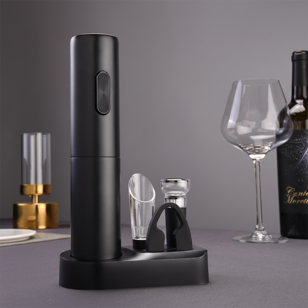 5-in-1 Electric Wine Set with Opener, Pourer, Vacuum Stopper, Foil Cutter and Storage Base