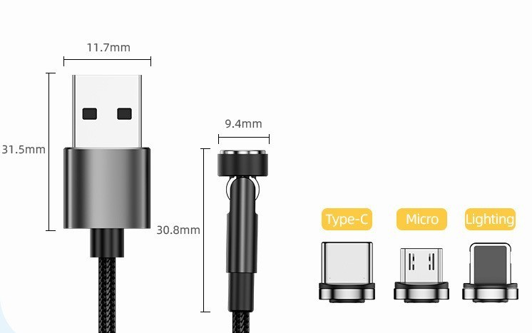 100W Super Fast 540° Rotating Magnetic Charging Cable for Type-C, Micro-USB, and Lightning