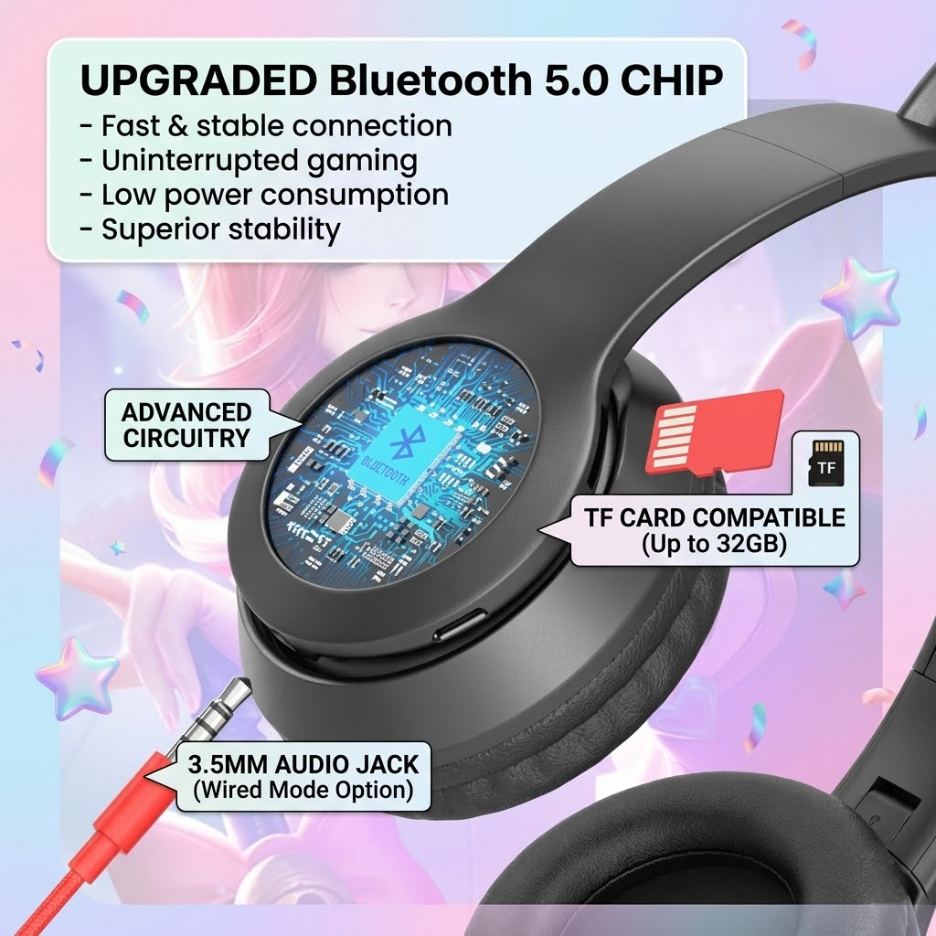 P47M Wireless Cat Ear Bluetooth Headphones with RGB LED Lights, 3.5mm AUX Jack, TF Card Slot