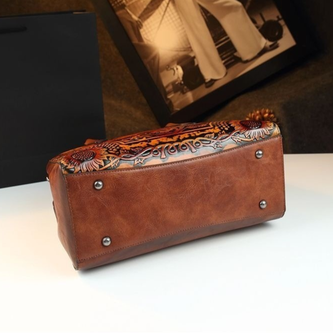 Retro Floral Embossed Genuine Leather Handbag