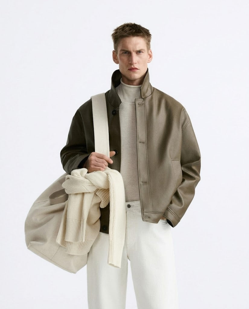 Men's Faux Leather Boxy Jacket – Khaki/Olive