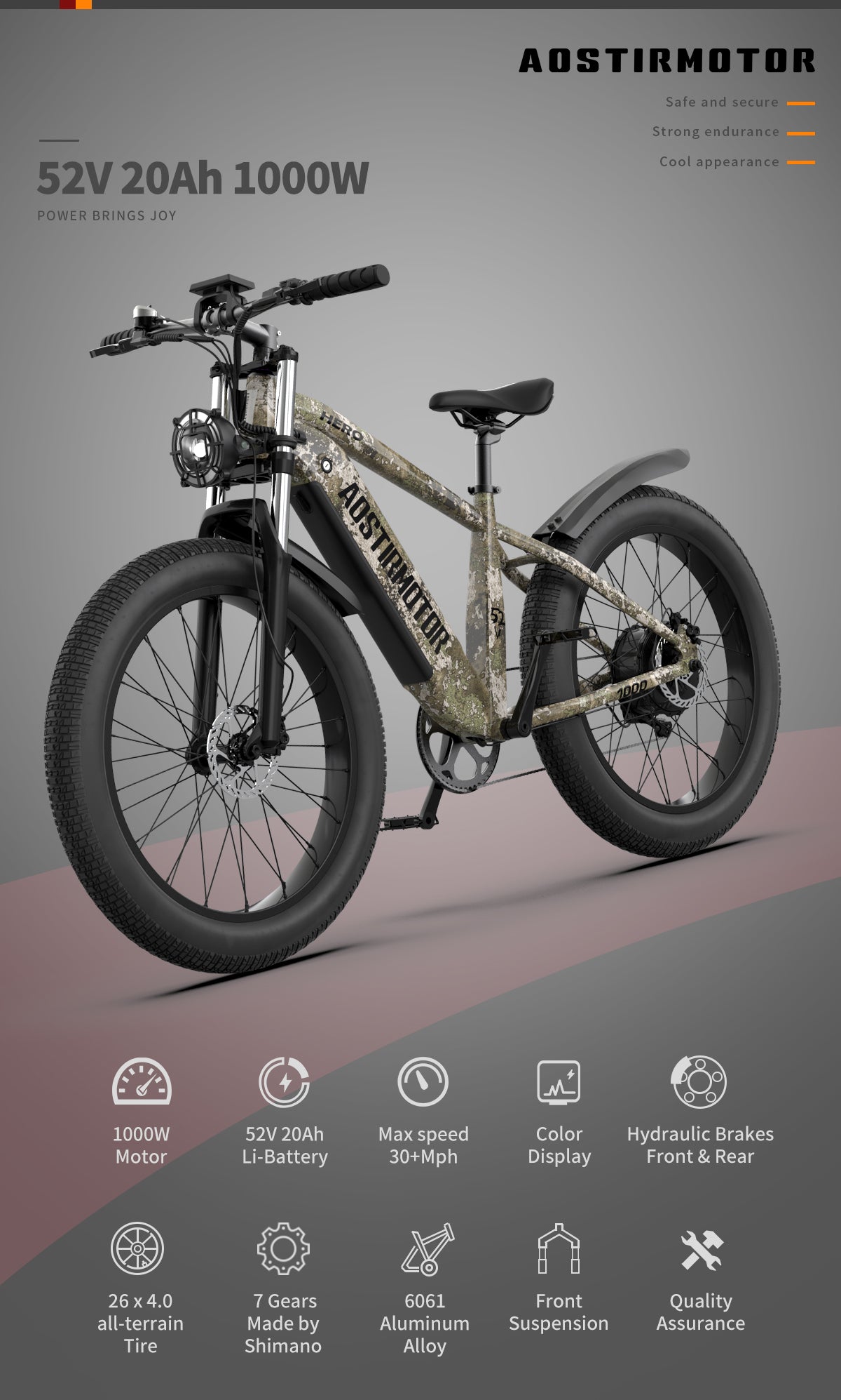 50km/h Electric Bike, 26"x4.0" All-terrain Tire, 7-Speed, 1000W Motor, Samsung 52V 20Ah Li-Battery, Color Display