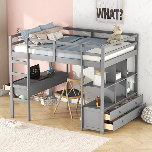 140 x 200 cm Children's Bunk Bed with Desk, Bookshelves and Drawers, Single Bed