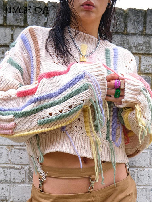Stylish Crewneck Fringed Knit Crop Sweater