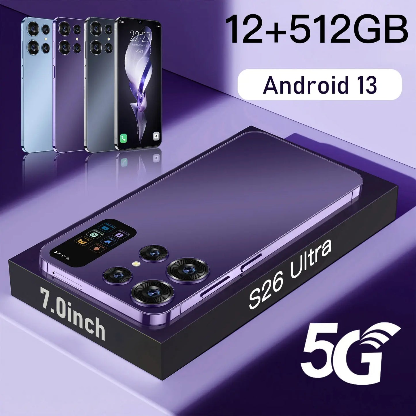 S26 Ultra, 7.0 inch Unlocked Android Smartphone, 12GB+512GB, 4G/5G, Dual SIM, 7000mAh Battery